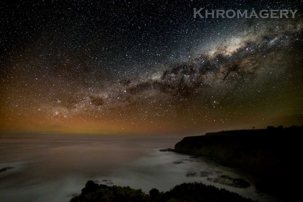 The Milky Way points down to an auroral glow over Bass Strait. Equatorial mount allowed a 2-minute exposure.